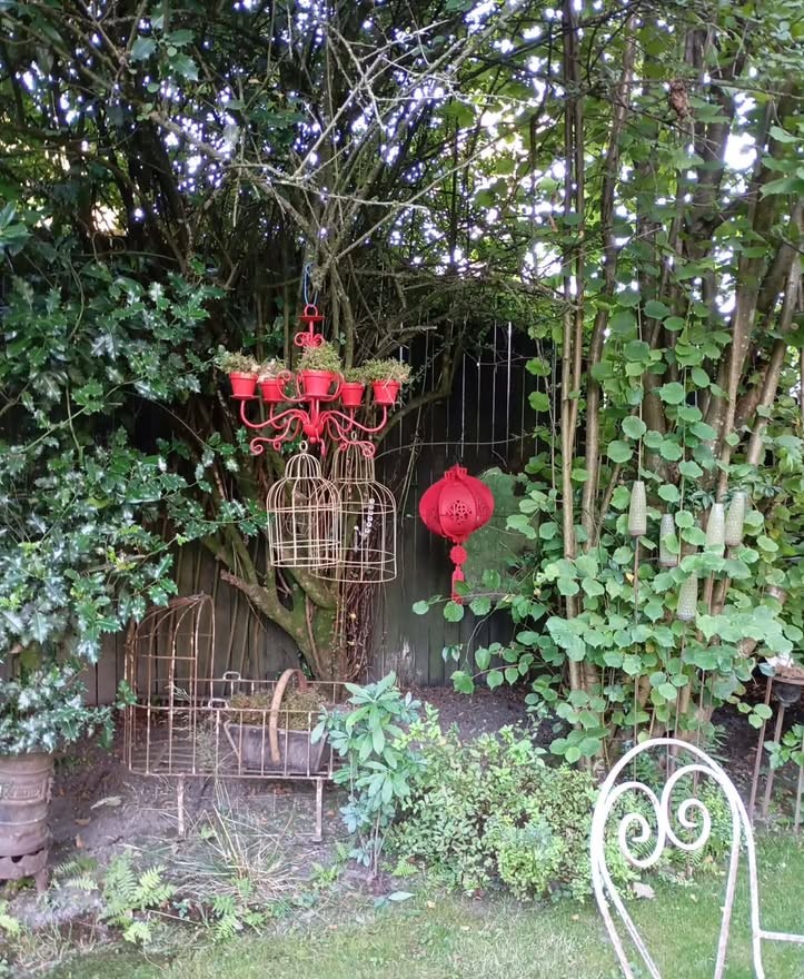 Lustre rouge, cages dorées et lanterne suspendus dans un coin du jardin de Bertrix
